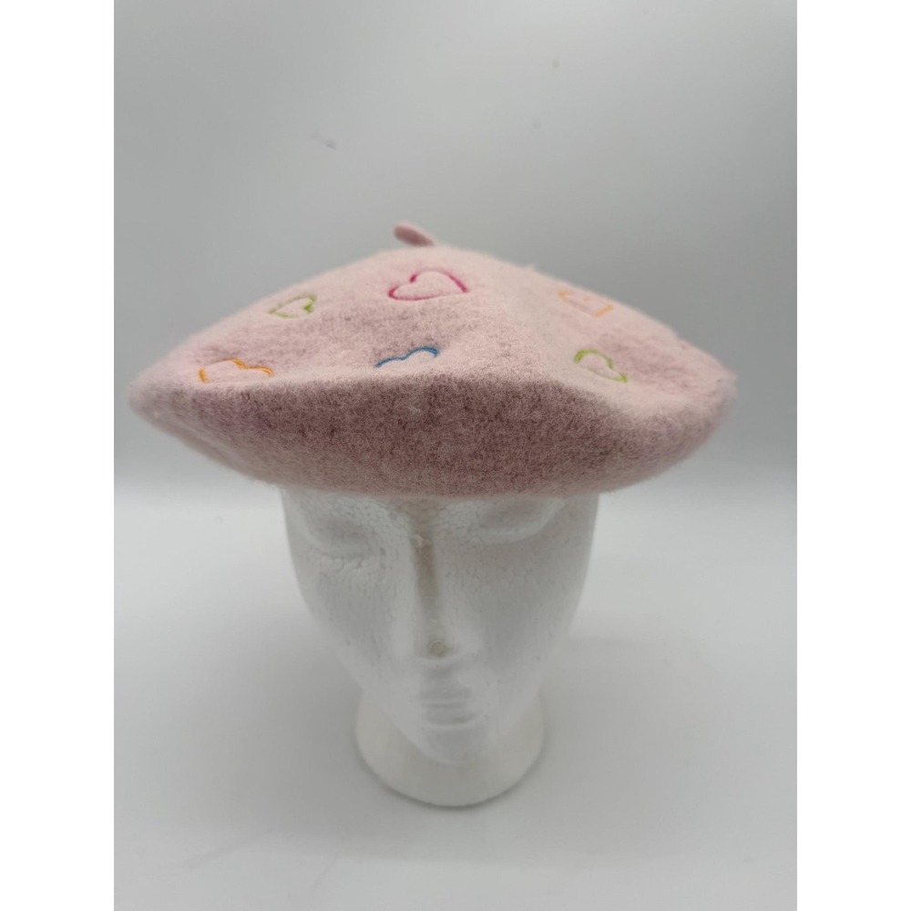Hot Topic Hat Beret Pink Hearts Embroidered Felt One Size Teens Lined Cute